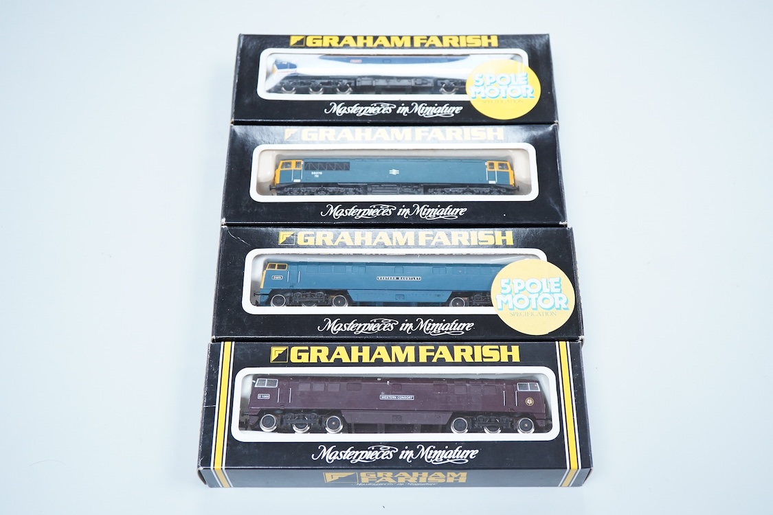 Four boxed Graham Farish N gauge railway electric and diesel locomotives; a BR class 55, Argyle & Sutherland Highlander D9021 (8414), a Freightliner class 57, Freightliner Pioneer 57001 (804A), a Rail Express class 90, P